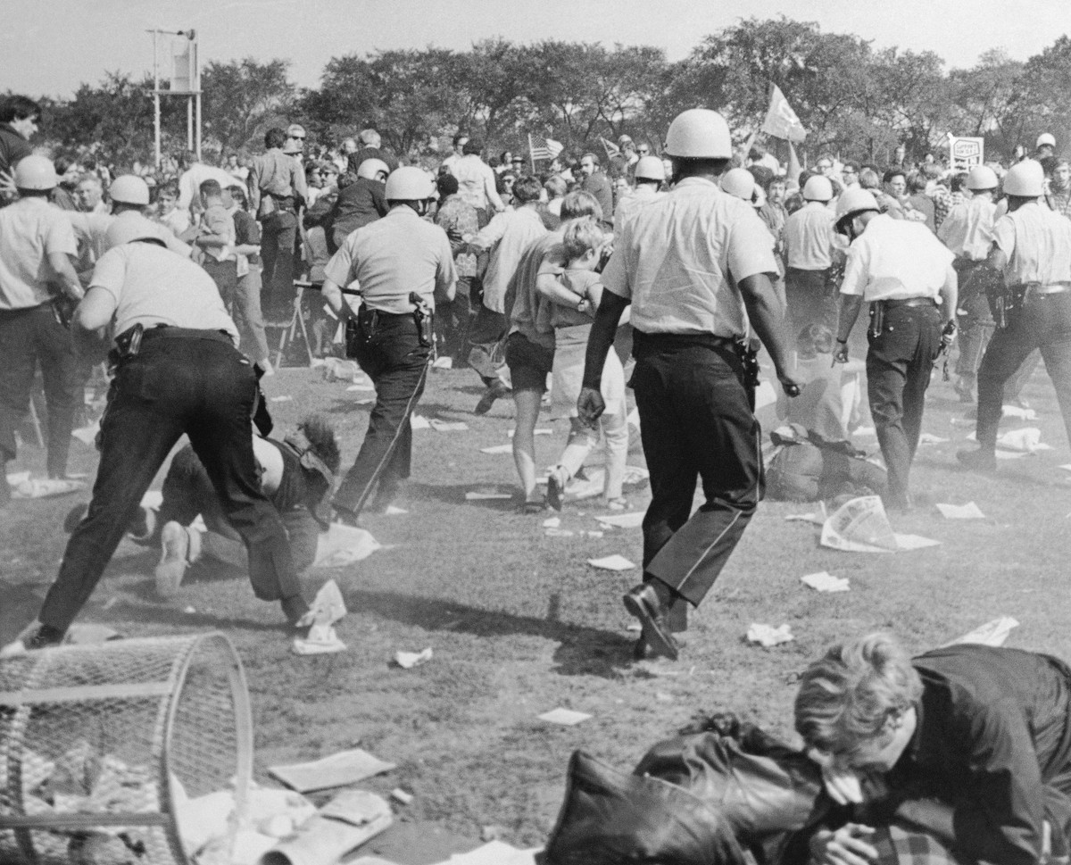 FILE - Police reroute demonstrators as they try to clear Grant Park during the Democratic National Convention in Chicago on Aug. 28, 1968. As pro-Palestinian demonstrations escalate on college campuse ...