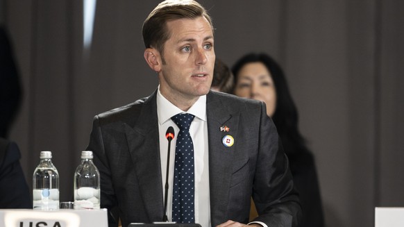 Scott Miller, US Ambassador to Switzerland, delivers his national statement at the URC Recovery Conference URC on Tuesday, July 5, 2022 in Lugano, Switzerland.  The URC is organized to…