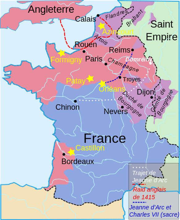 Um 1420 beherrschten die Engländer fast den gesamten Norden Frankreichs.&nbsp;Rot: England, Violett: Burgund, Blau: Armagnacs.&nbsp;&nbsp;