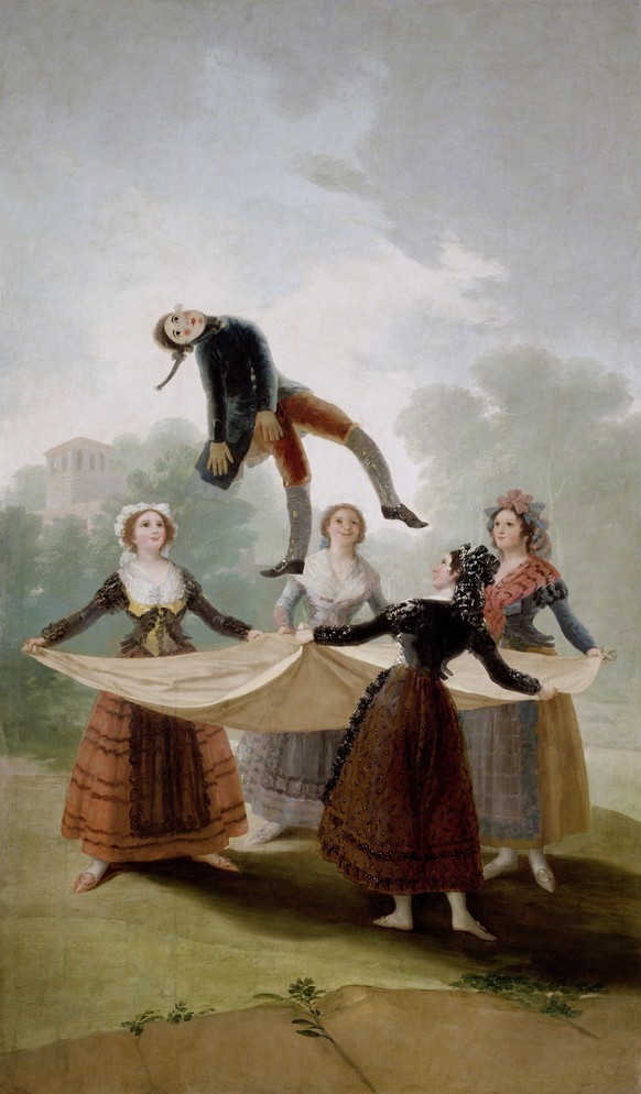 «Die Strohpuppe» (1791/92) war ein Wandteppich-Entwurf für Karls IV. Arbeitszimmer im Escorial und nimmt Bezug auf den letzten Karnevalssonntag, an dem man eine Strohpuppe mit einem Tuch in die Luft zu schleudern pflegte. Goya führte den Auftrag, «ländliche und lustige Sachen» zu entwerfen, erst aus, als ihm der König damit drohte, sein Gehalt zu streichen. Doch der spätere Goya drückt auch bei dieser Arbeit bereits durch: Die Szene hat etwas unterschwellig Bedrohliches, Dämonisches; die Puppe scheint der Spielball uneindeutig grinsender Frauen zu sein.