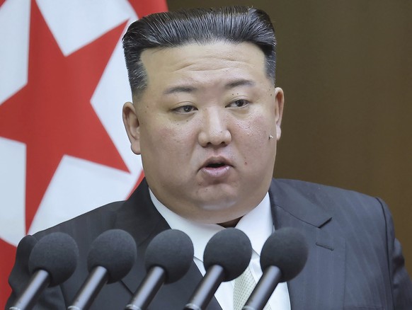 In this photo taken during a two-day session on Sept. 26-27, 2023 and provided by the North Korean government, North Korean leader Kim Jong Un speaks at a meeting of the country&#039;s parliament in P ...