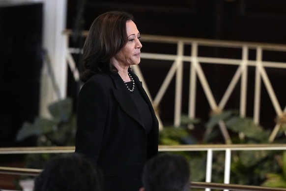 Vice President Kamala Harris arrives for a tribute to former first lady Rosalynn Carter at Glenn Memorial Church at Emory University on Tuesday, Nov. 28, 2023, in Atlanta.  (AP Photo/Brynn...