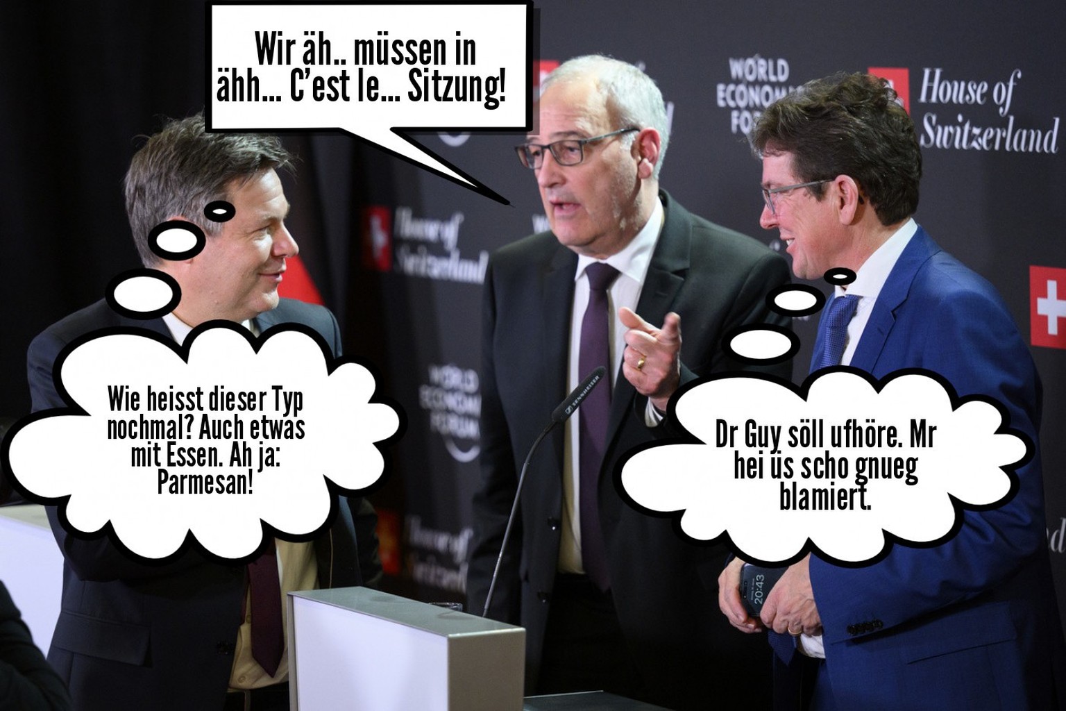 Habeck lässt sich von Rösti nicht beeindrucken und möchte mit dem Programm fortfahren. Parmelin wird ganz verlegen wegen Habecks Präsenz.