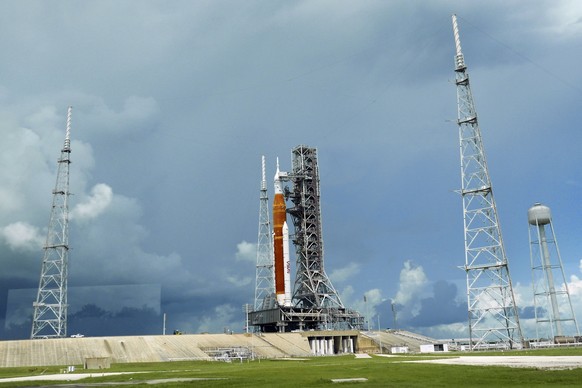 The Artemis 1 rocket stands ready for launch on Pad 39B at the Kennedy Space Center, Thursday, Aug. 25, 2022, in Cape Canaveral, Fla. The launch is scheduled for Monday morning Aug. 29. (AP Photo/John ...