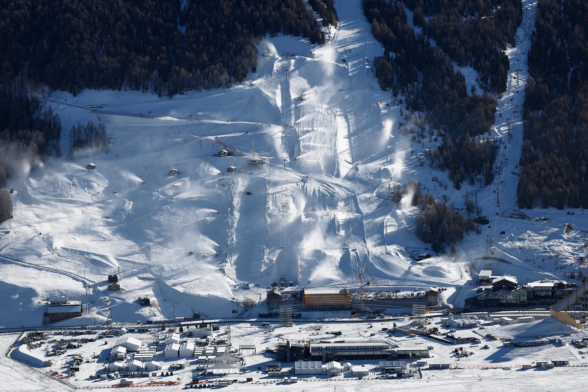 A view of the Snowboarding and Freestyle Skiing events which will take place during the upcoming Milan Cortina Winter Olympics, in Livigno, Italy, Saturday, Dec. 27, 2025. (AP Photo/Gabriele Facciotti ...