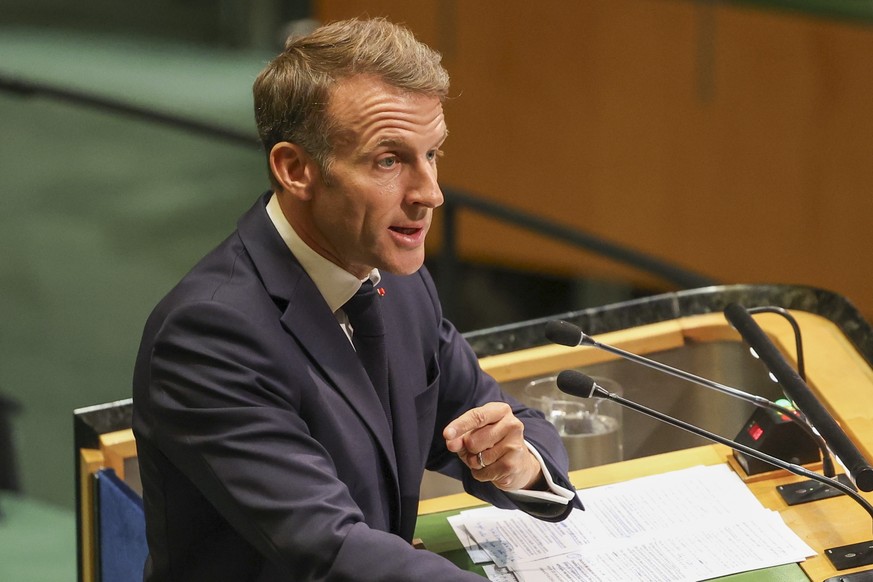 epa13256412 President of France Emmanuel Macron speaks during the General Debate of the 81st session of the United Nations (UN) General Assembly at United Nations Headquarters in New York, New York, U ...