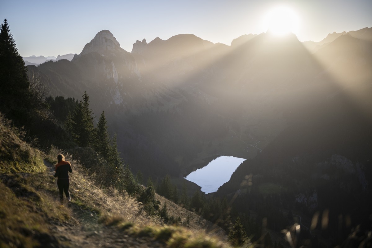 Eine Wanderin ist unterwegs bei herbstlichem Wetter, mit Blick zum Alpstein und auf den Saemtisersee, am Montag, 4. November 2024, bei Bruelisau. (KEYSTONE/Gian Ehrenzeller) A hiker is on her way with ...