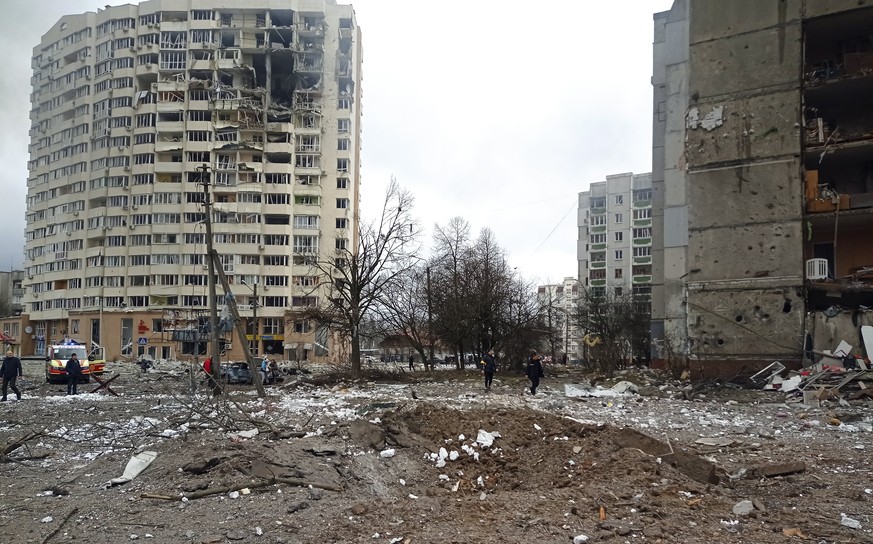 A view damaged city center after Russian air raid in Chernigiv, Ukraine, Thursday, March 3, 2022. Russian forces have escalated their attacks on crowded cities in what Ukraine's leader called a b ...