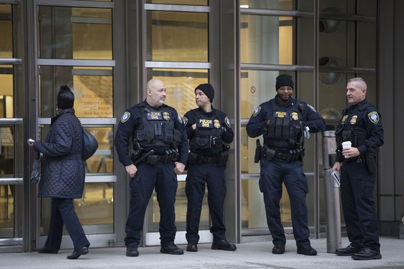 The Department of Homeland Security has personnel in place in front of the Brooklyn Federal Courthouse for the start of jury selection in the trial of Joaquin &quot;El Chapo&quot; Guzman, Monday, Nov. ...