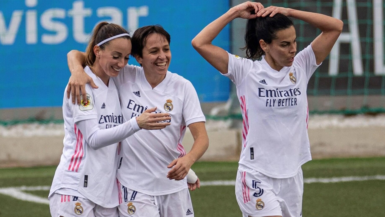 Real Madrid s player Kosovare Asllani L celebrates with teammates after scoring against Valencia Feminas, during their Spanish Women Primera Iberdrola played at Ciudad Deportiva Real Madrid, inMadrid. ...