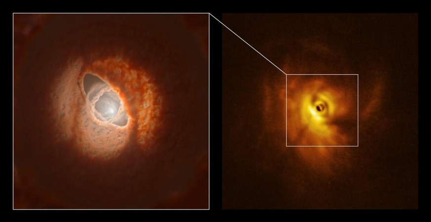 Die auseinandergerissene protoplanetare Scheibe um die drei Sterne von GW Orionis.