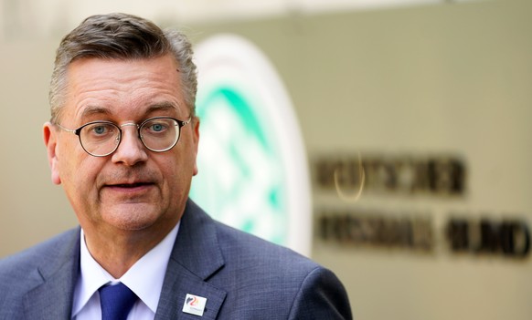 epa07480078 (FILE) - German Football Association (DFB) president Reinhard Grindel gives a press statement in front of the DFB headquarters in Frankfurt, Germany, 20 July 2018 (re-issued 02 April 2019) ...