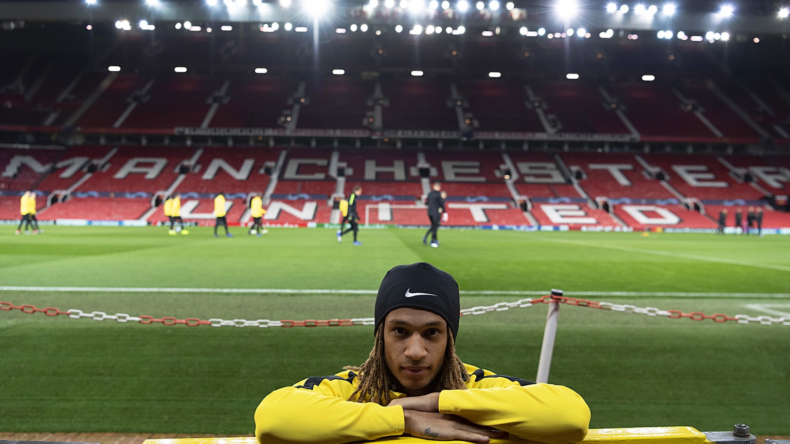 epa07191569 Young Boys&#039; Kevin Mbabu attends his team&#039;s training session at Old Trafford in Manchester, Britain, 26 November 2018. Young Boys Bern will face Manchester United in their UEFA Ch ...