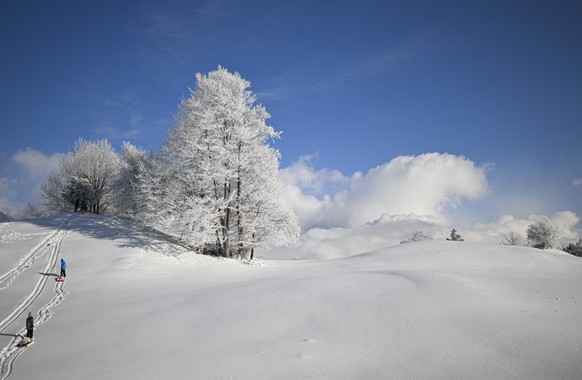 Kinder schlitteln durch frisch verschneite Landschaft, aufgenommen am Sonntag, 11. Dezember 2022, in St. Margrethenberg. Die vergangenen Tage brachten der Schweiz Schnee bis ins Flachland, die kommend ...