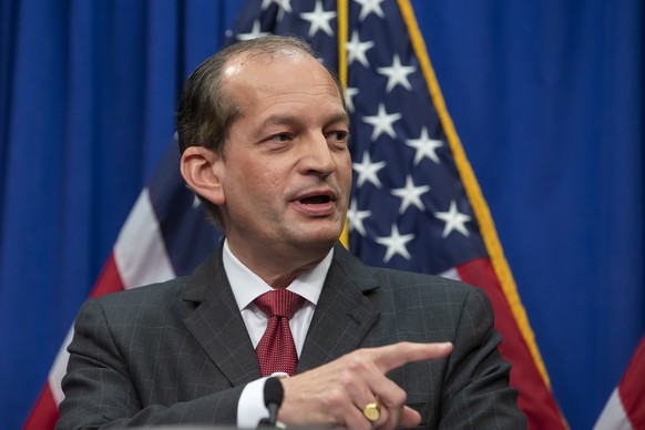 epa07708660 US Secretary of Labor Alex Acosta speaks at a news conference at the Department of Labor in Washington, DC, USA, 10 July 2019. Acosta has come under fire for his role in a plea deal for Je ...