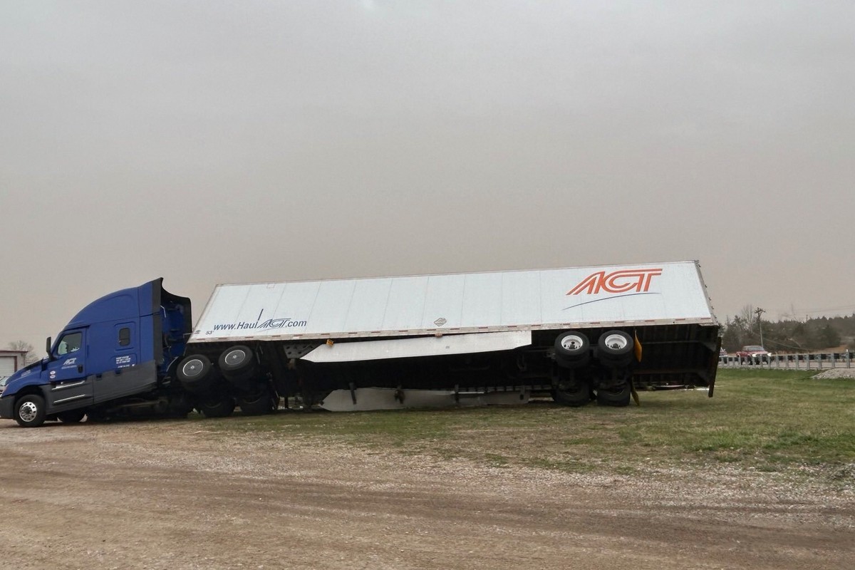 In this photo provided by Missouri State Highway Patrol, a truck is damaged after a severe storm passed the area near Ozark County, Mo., early Saturday, March 15, 2025. (Missouri State Highway Patrol  ...