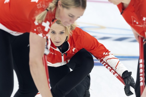 Switzerland skip Silvana Tirinzoni observes during the women&#039;s Round Robin game between South Korea and Switzerland at the National Aquatics Centre at the 2022 Olympic Winter Games in Beijing, Ch ...