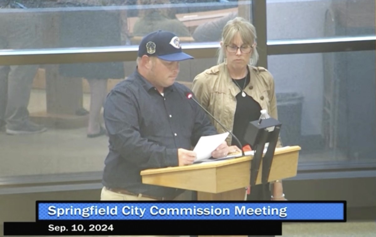 This image made from video released by the City of Springfield shows Nathan Clark, father of Aiden Clark, speaking at a City Commission meeting, Tuesday, Sept. 10, 2024 in Springfield, Ohio. (City of  ...