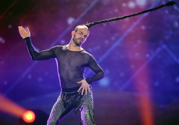 Montenegro's Slavko Kalezic performs the song &quot;Space&quot; during rehearsals for the Eurovision Song Contest, in Kiev, Ukraine, Monday, May 8, 2017. The first semi final of The Eurovision Song Contest 2017 will be held on May 9. (AP Photo/Efrem Lukatsky)