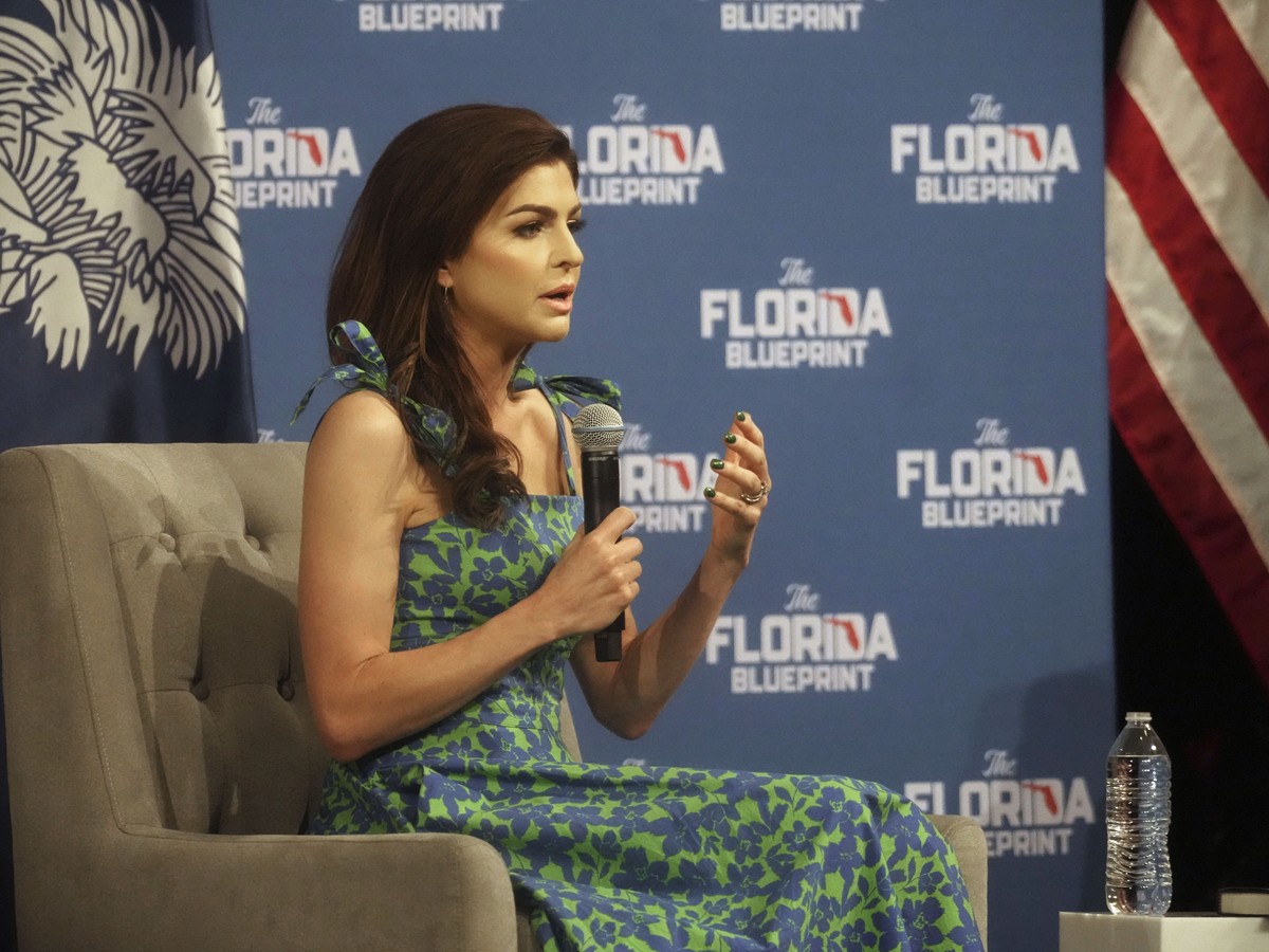Casey DeSantis speaks while onstage with her husband, Gov. Ron DeSantis, R-Fla., at First Baptist North on Wednesday, April 19, 2023, in Spartanburg, S.C. As he mulls a potential 2024 GOP presidential ...