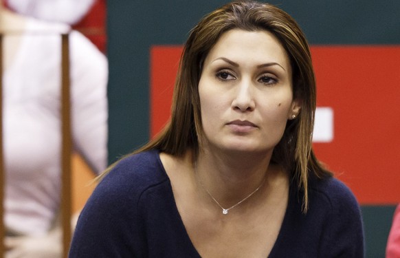 Wawrinka&#039;s wife Ilham looks on during than his husband Stanislas Wawrinka, of Switzerland, play at the second single match of the Davis Cup World Group first round match between Serbia and Switze ...