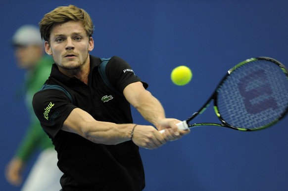 BASEL, SWITZERLAND - OCTOBER 27: David Goffin of Belgium in action during the second day of the Swiss Indoors ATP 500 tennis tournament against Andreas Seppi of Italy at St Jakobshalle on October 27, ...