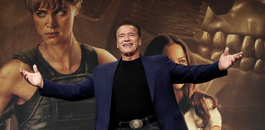 Actor Arnold Schwarzenegger gestures during a press conference to promote his latest movie &#039;Terminator: Dark Fate&#039; in Seoul, South Korea, Monday, Oct. 21, 2019. The movie is to be released i ...