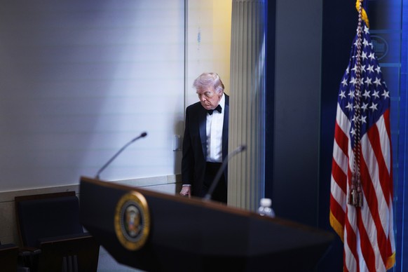 KEYPIX - President Donald Trump arrives at the James Brady Press Briefing Room at the White House after a shooting incident outside the ballroom at the annual White House Correspondents' Associat ...