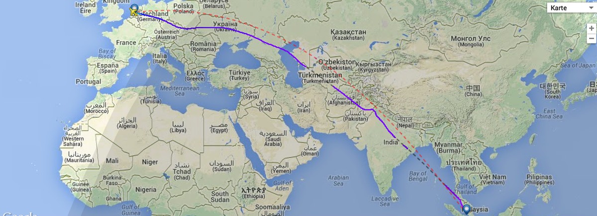 Die Airline KLM verschob die Route von Kuala Lumpur nach Amsterdam nicht. Das Bild zeigt die Route einer Maschine, die das Krisengebiet am Mittwoch noch überflog. Erst nach dem Absturz änderte die nie ...