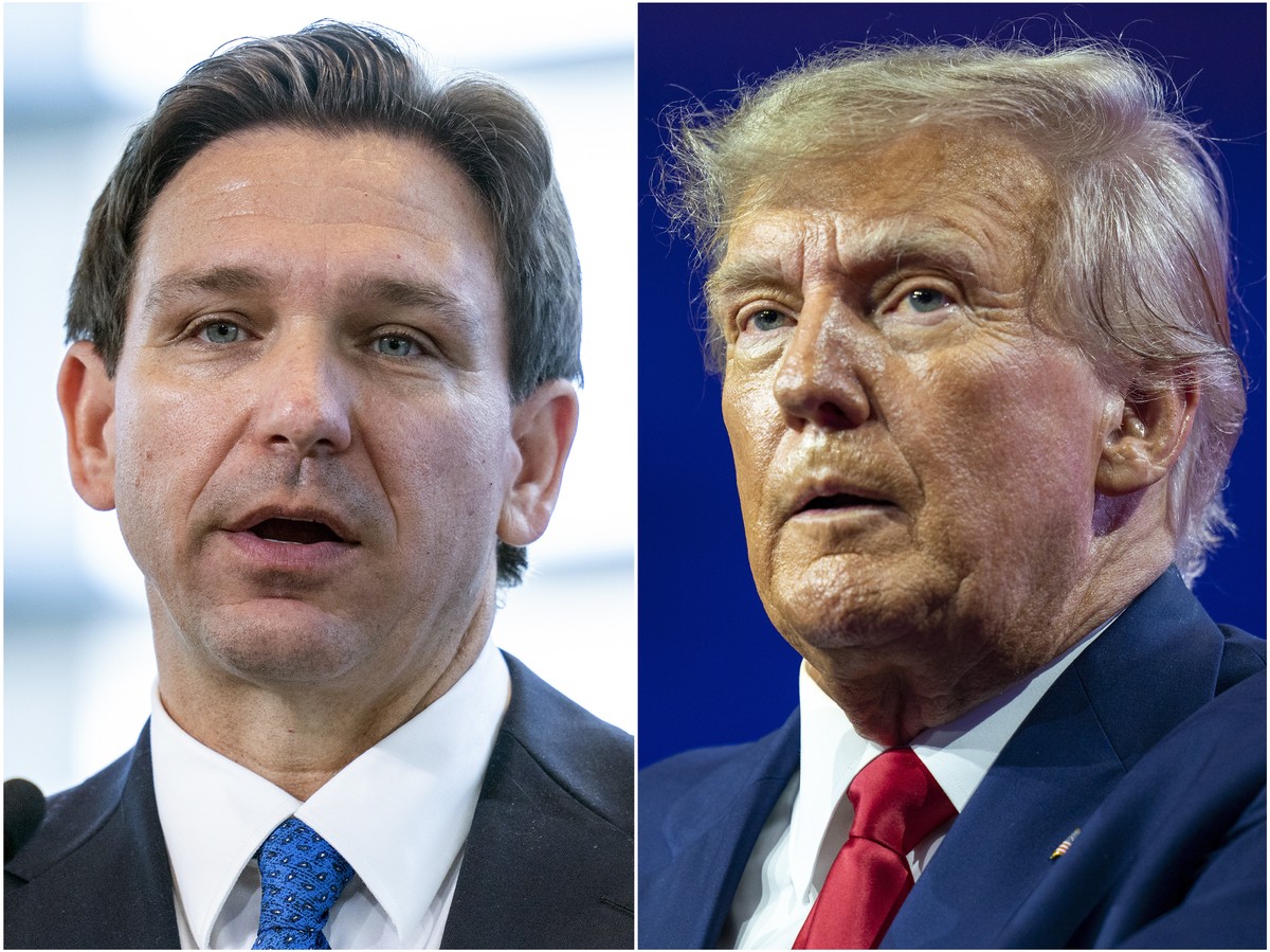 FILE - This combination of photos shows Florida Gov. Ron DeSantis speaking on April 21, 2023, in Oxon Hill, Md., left, and former President Donald Trump speaking on March 4, 2023, at National Harbor i ...