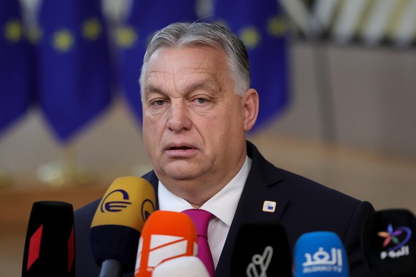 epa11028264 Hungary&#039;s Prime Minister Viktor Orban speaks to the media as he arrives for a European Council in Brussels, Belgium, 14 December 2023. EU leaders are gathering in Brussels for a two-d ...