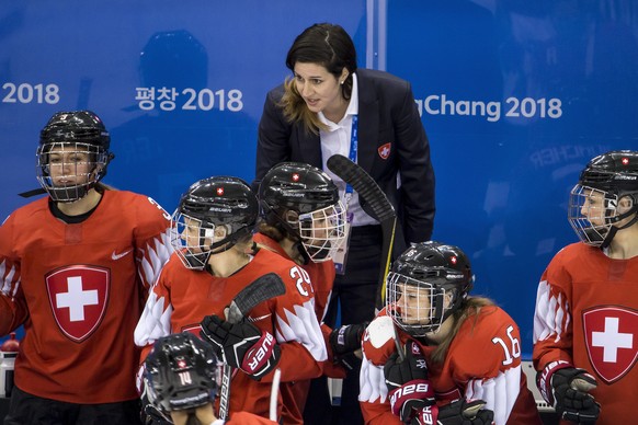 Daniela Diaz, head coach of Switzerland, during the women ice hockey preliminary round match between Switzerland and Japan in the Kwandong Hockey Center in Gangneung during the XXIII Winter Olympics 2 ...