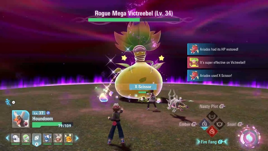 Megaentwickelte Pokémon spielen in den (Story-)Kämpfen häufig ein Rolle. Auch manche wilde Pokémon, wie hier Sarzenia, treten in der Mega-Form auf.