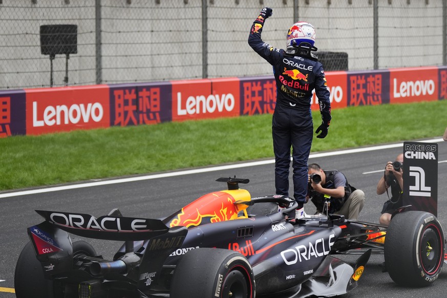 Red Bull driver Max Verstappen of the Netherlands celebrates after winning the Chinese Formula One Grand Prix at the Shanghai International Circuit, Shanghai, China, Sunday, April 21, 2024. (AP Photo) ...