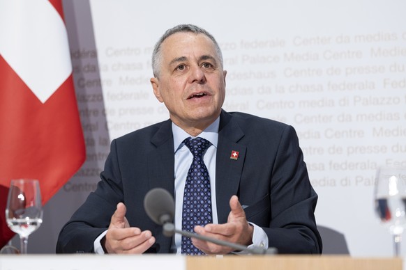 Bundesrat Ignazio Cassis spricht an einer Medienkonferenz zur Volksinitiative 'Wahrung der schweizerischen Neutralitaet (Neutralitaetsinitiative)', am Dienstag, 11. August 2026, in Bern. (KE ...