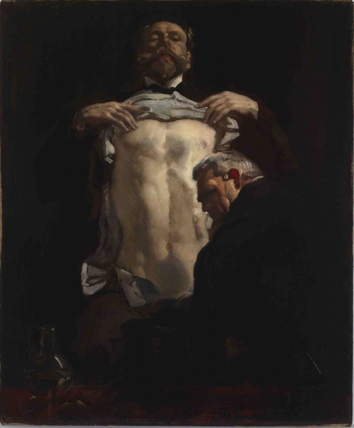 Eine Auskultation (diagnostisches Abhören von Körpergeräuschen) bei einem Mann mit hochgeschobenem Hemd stellte keinerlei Problem dar, wie auf dem vom australischen Maler George Washington Lambert gef ...