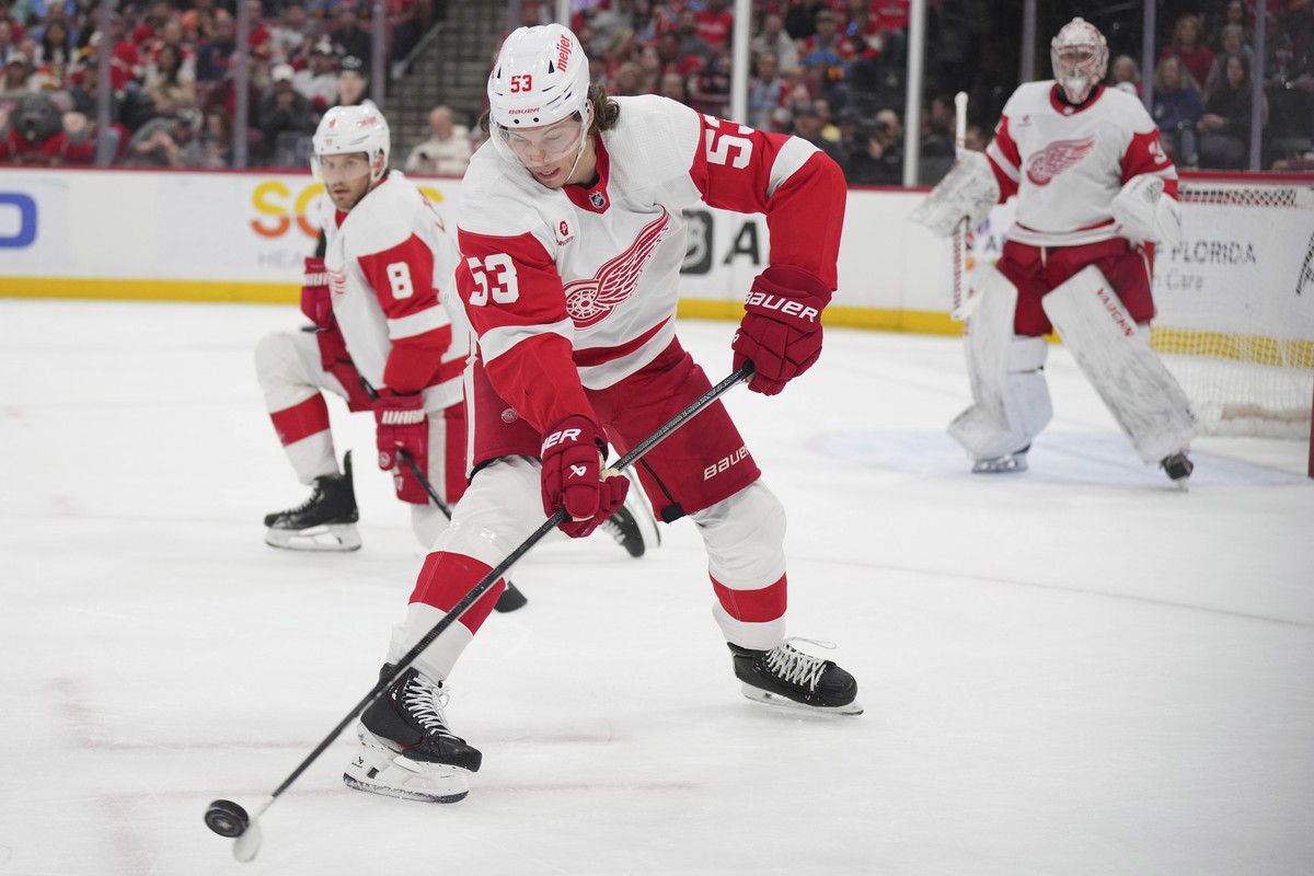 Detroit Red Wings defenseman Moritz Seider (53) looks to clear the zone against the Florida Panthers during the first period of an NHL hockey game Saturday, March 30, 2024, in Sunrise, Fla. (AP Photo/ ...
