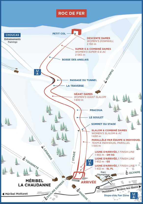 Pistenplan der Ski Alpin WM 2023 in Courchevel und Méribel