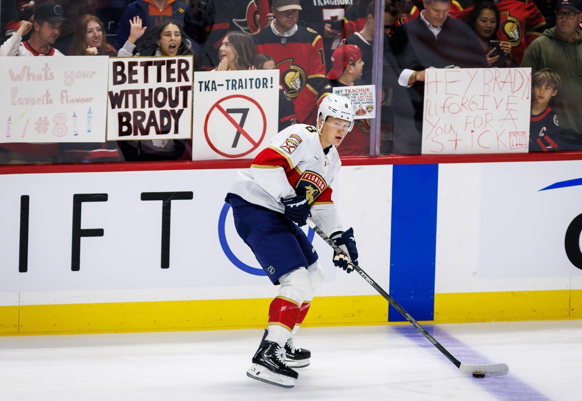 Florida Panthers' Brady Tkachuk (8) skates during warmups prior to an NHL hockey game against the Ottawa Senators in Ottawa, on Wednesday, Oct. 21, 2026. (Keito Newman/The Canadian Press via AP)  ...