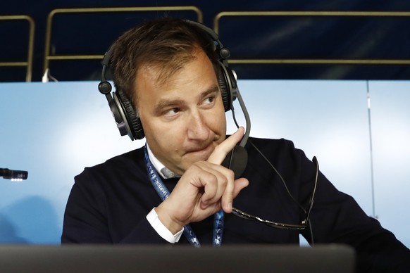 Sascha Ruefer, Swiss sports moderator for the Swiss TV SRF, looks on prior to the 2018 Fifa World Cup Russia group B qualification soccer match between Switzerland and Hungary in the St. Jakob-Park st ...