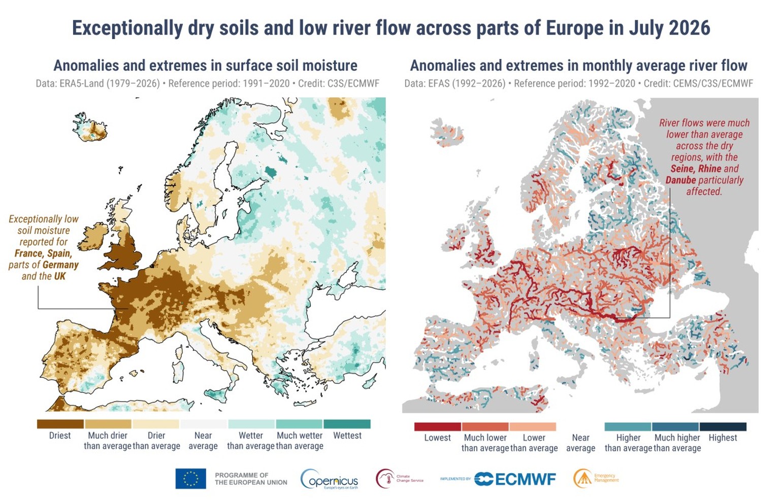 (Left) Anomalies and extremes in surface soil moisture for July 2026. The “driest” and “wettest” categories identify areas where soil moisture was the lowest or highest for July during 1979–2026. The  ...