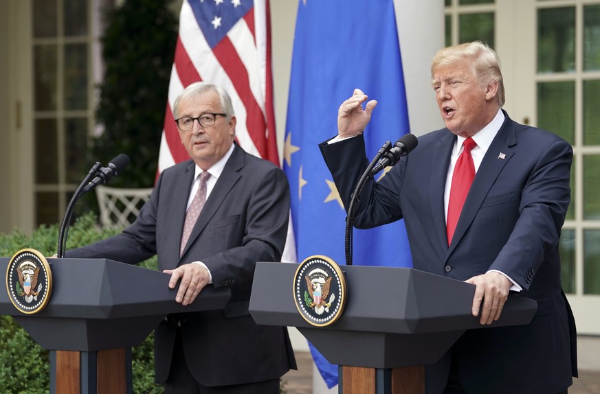 President Donald Trump and European Commission president Jean-Claude Juncker speak in the Rose Garden of the White House, Wednesday, July 25, 2018, in Washington. (AP Photo/Pablo Martinez Monsivais)