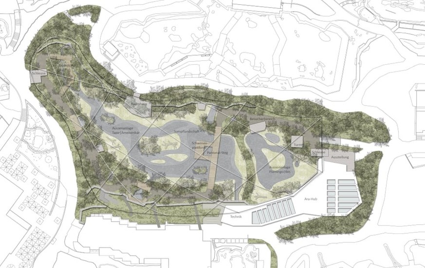 Rund 11&#039;000 Quadratmeter gross: Bauplan der geplanten Pantanal Voliere im Zoo Zürich.