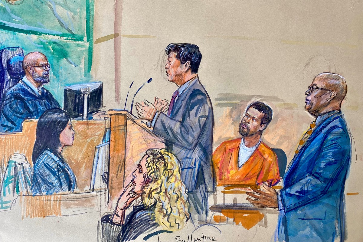 This courtroom sketch depicts Cole Tomas Allen, second from right, listening as his attorney Eugene Ohm, left, speaks to U.S. Magistrate Judge Zia Faruqui, Monday, May 4, 2026, in Washington, as Tony  ...
