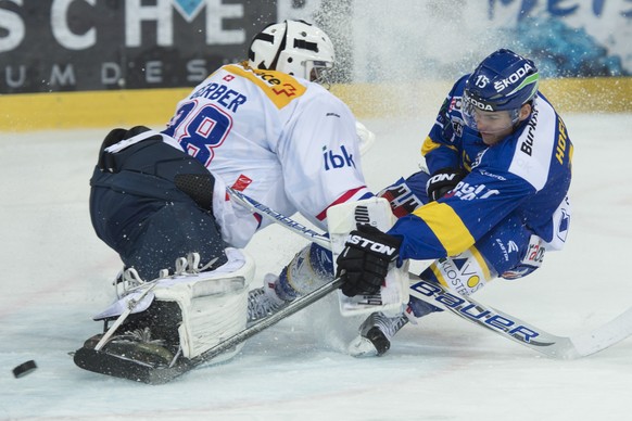 Gregory Hoffmann bringt den Puck an Martin Gerber vorbei.