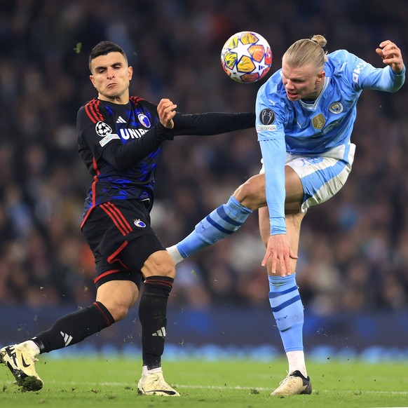 UEFA Champions League - Manchester City v FC Copenhagen 06 March 2024 - UEFA Champions League - Round of 16 2nd Leg - Manchester City v FC Copenhagen - Erling Haaland of Manchester City has a shot blo ...