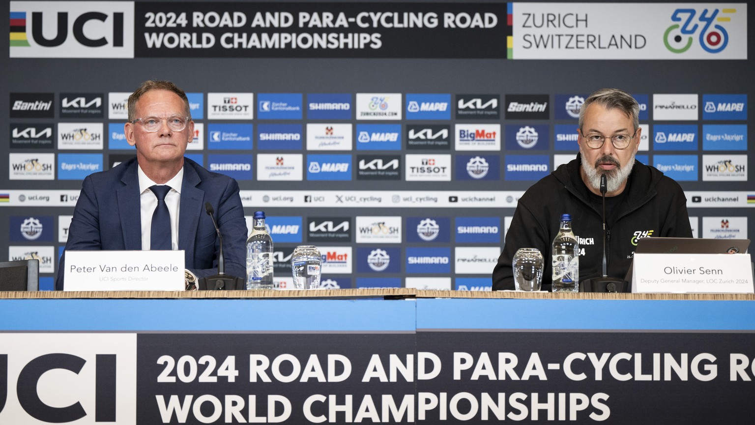 Peter Van den Abeele, UCI Sports Director, left, speaks next to Olivier Senn, Deputy General Manager LOC Zurich 2024 during a media conference regarding of the death of young Swiss cyclist Muriel Furr ...