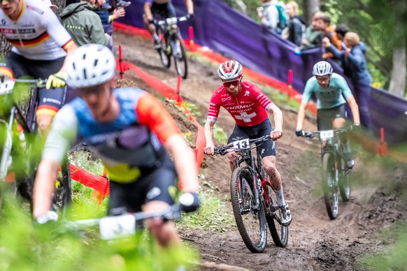 Mathias Flueckiger from Switzerland, 2nd, in action during the Cross Country Elite Men, XCO, WHOOP UCI Mountain Bike World Series, on Sunday, June 23, 2024, in Crans Montana, Switzerland. (KEYSTONE/Ma ...