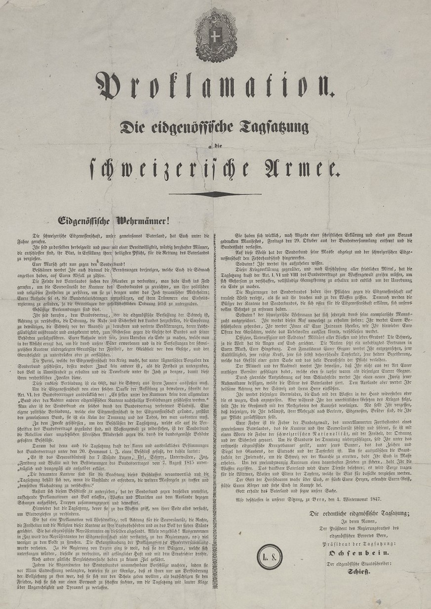 Proklamation der eidgenössischen Tagsatzung an die Armee nach dem Sonderbundskrieg, 1848.