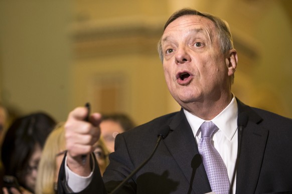 FILE - In this May 5, 2015 file photo, Senate Minority Whip Richard Durbin of Ill. speaks during a new conference on Capitol Hill in Washington. For Durbin, the Iran nuclear deal offers a shot at poli ...